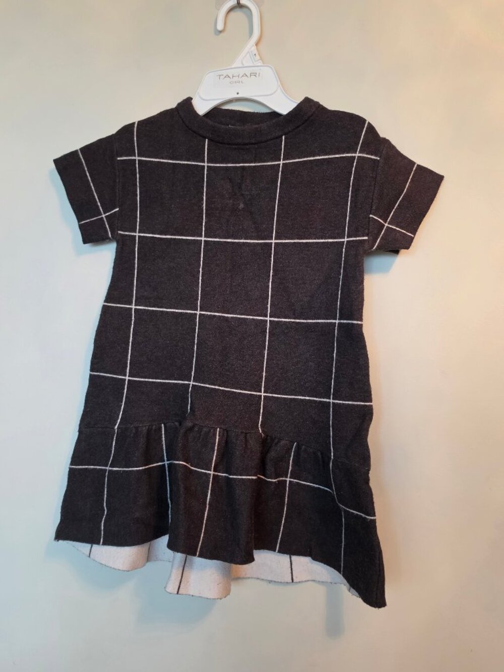 Zara Kids Charcoal Grey White Windowpane Grid Knit Ruffle Dress - Size 6
